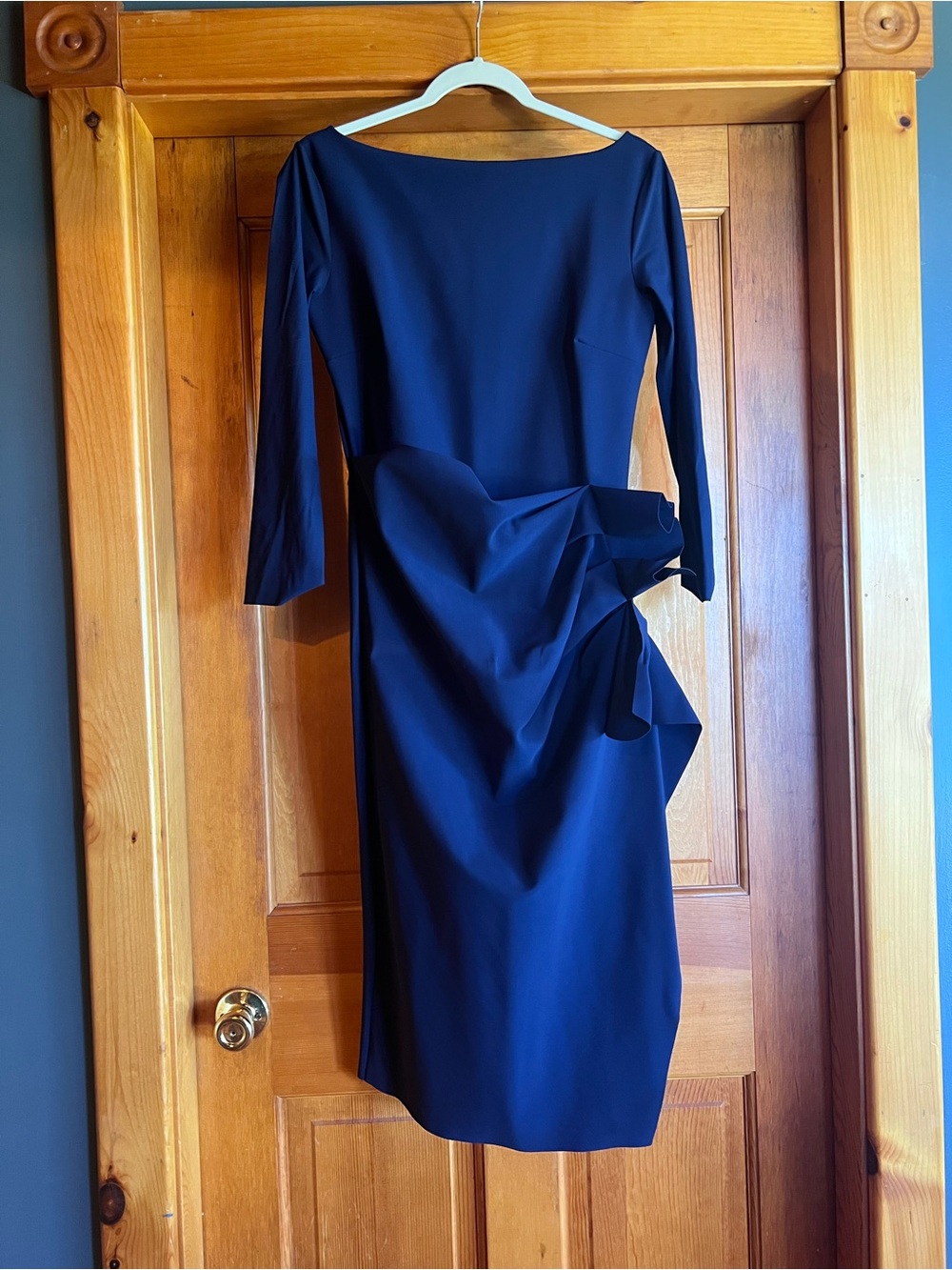 Chiara Boni La Petit Robe Iris Blue Long-Sleeve Draped Midi Dress sz 48 (10-12)
